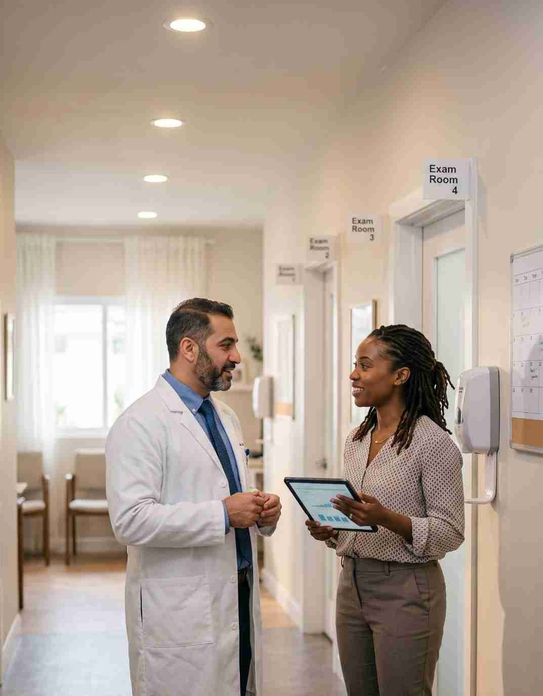 Physician and office manager talking in a small medical practice hallway