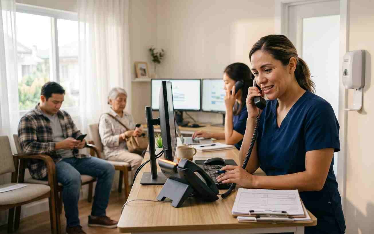 Busy clinic front desk with a receptionist on the phone and patients waiting