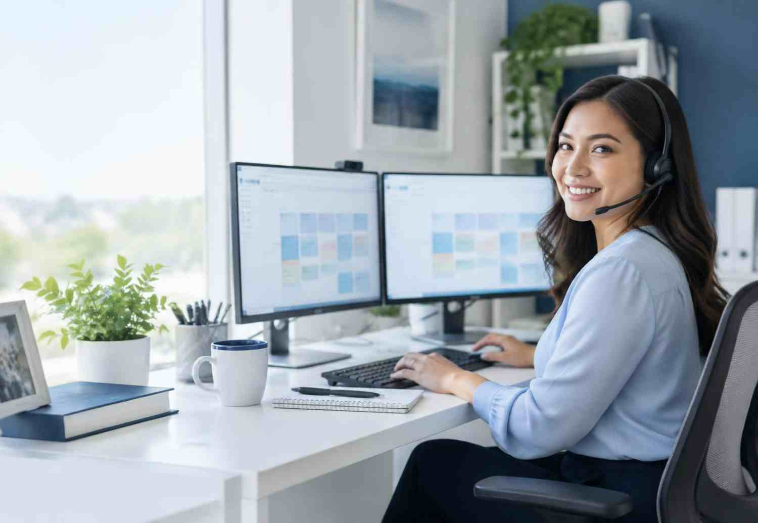 Smiling healthcare virtual assistant with a headset at a desk with two scheduling monitors