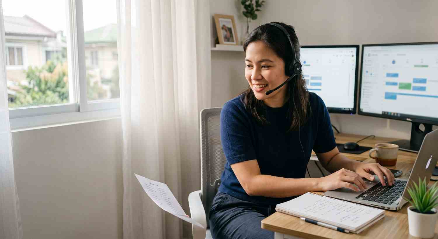 Virtual assistant with a headset smiling during a call at her home office desk