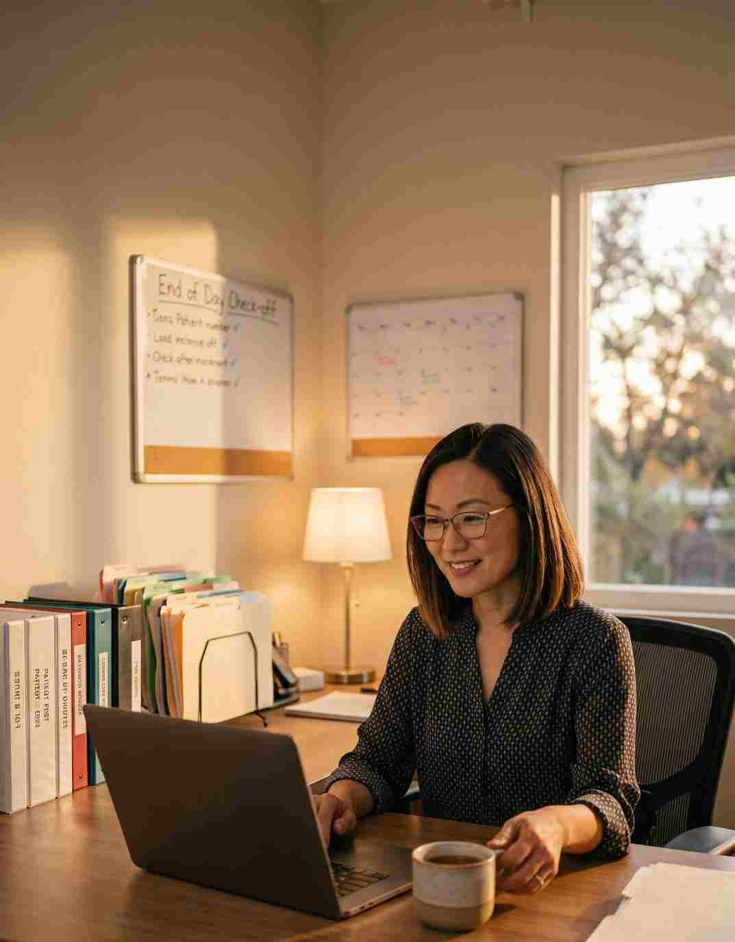 Office manager reading an end-of-day handoff note from their virtual assistant